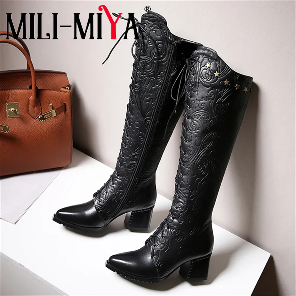 MILI-MIYA Women's Leather Pointed-Toe High Boots With Printed Bootlegs Comfortable Thick Heels Extra Large Sizes 34-42 Handmade