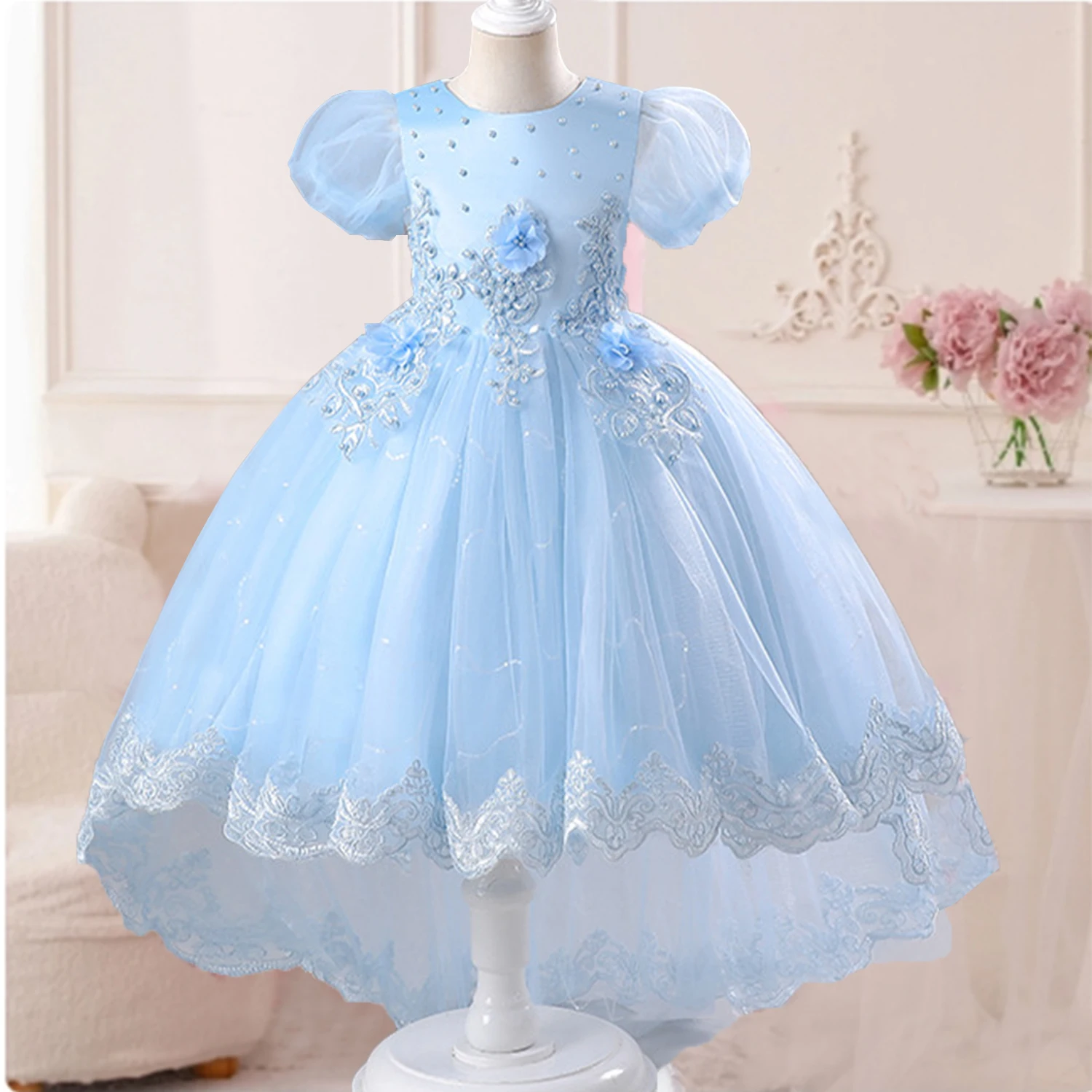 3-10 Years Little Big Girls Puff Sleeves Embroidered Lace Wedding Flower Girl Birthday Party Pageant Formal High-Low Dress