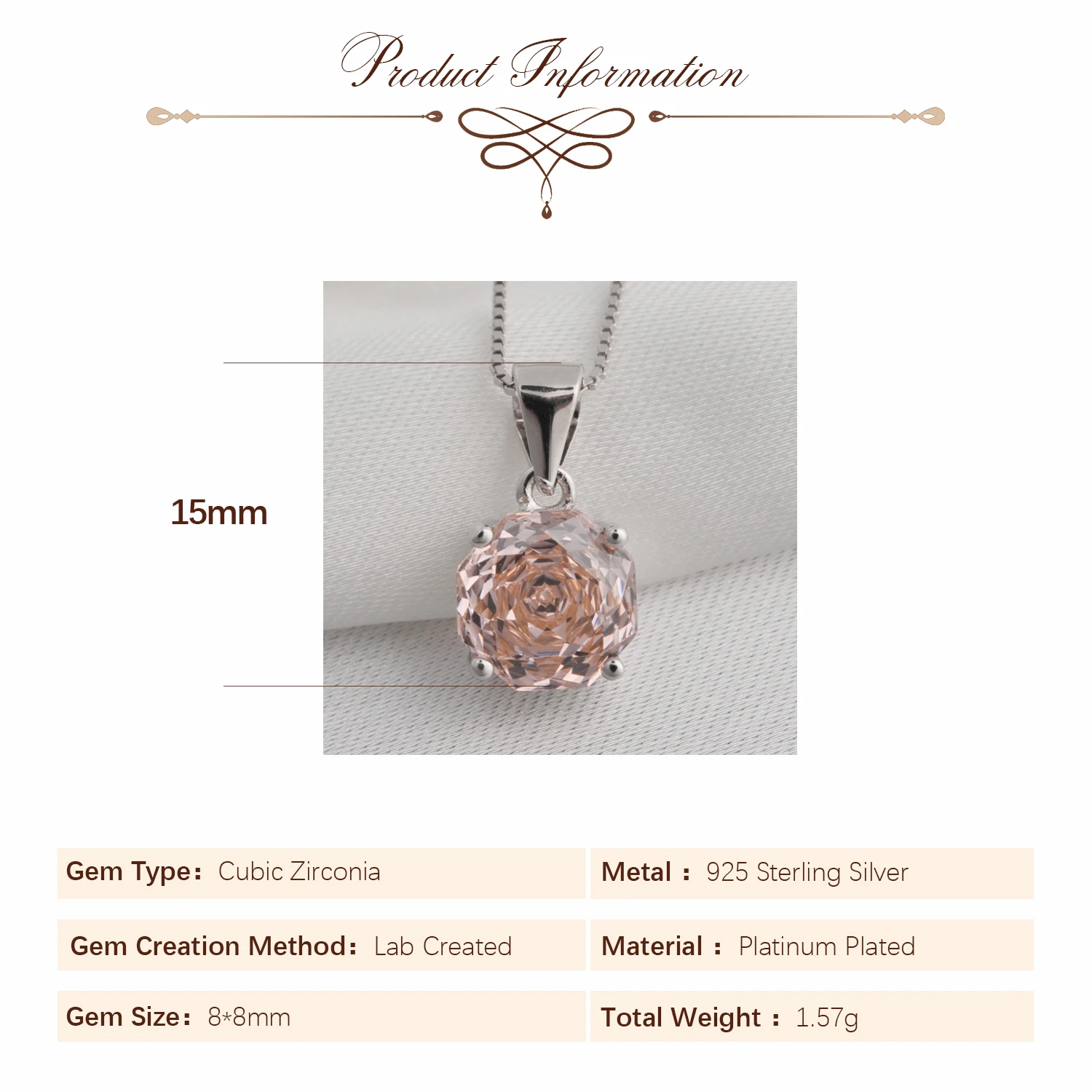 POTIY 2ct Morganit Rosa Kubisches Zirkonium CZ Achteckiger Rosenschliff Anhänger Ohne Kette 925 Sterling Silber Geschenk für Sie – Detail 8