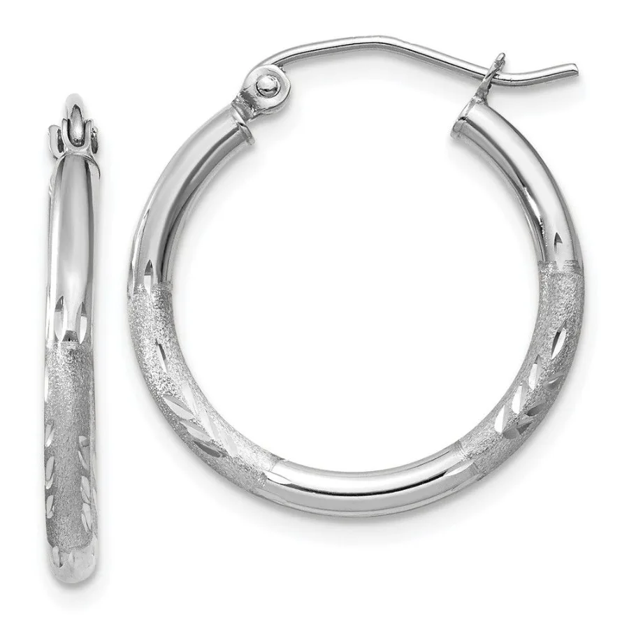 Pendientes de aro redondos de 2 mm con satén y diamante en oro blanco de 14 quilates