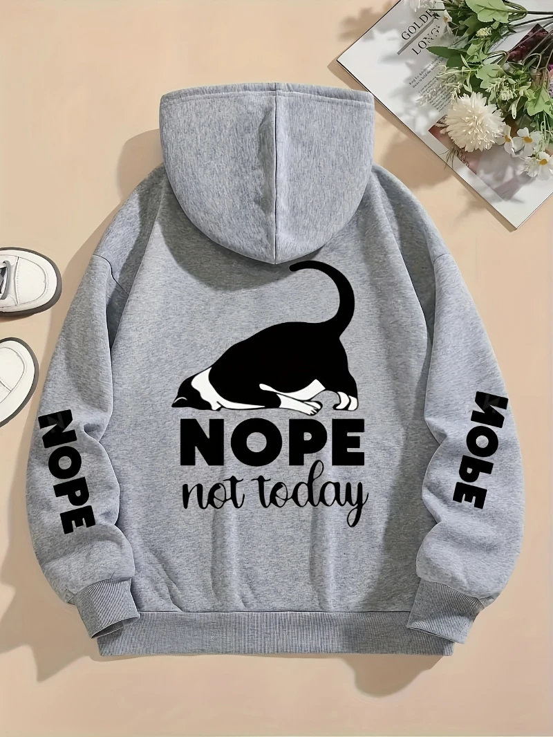 Casual Womans Hoodies Nope Not Today Cute Cat Printing Pullovers Loose Pocket Warm Fleece Sweatshirts Autumn Female Clothing