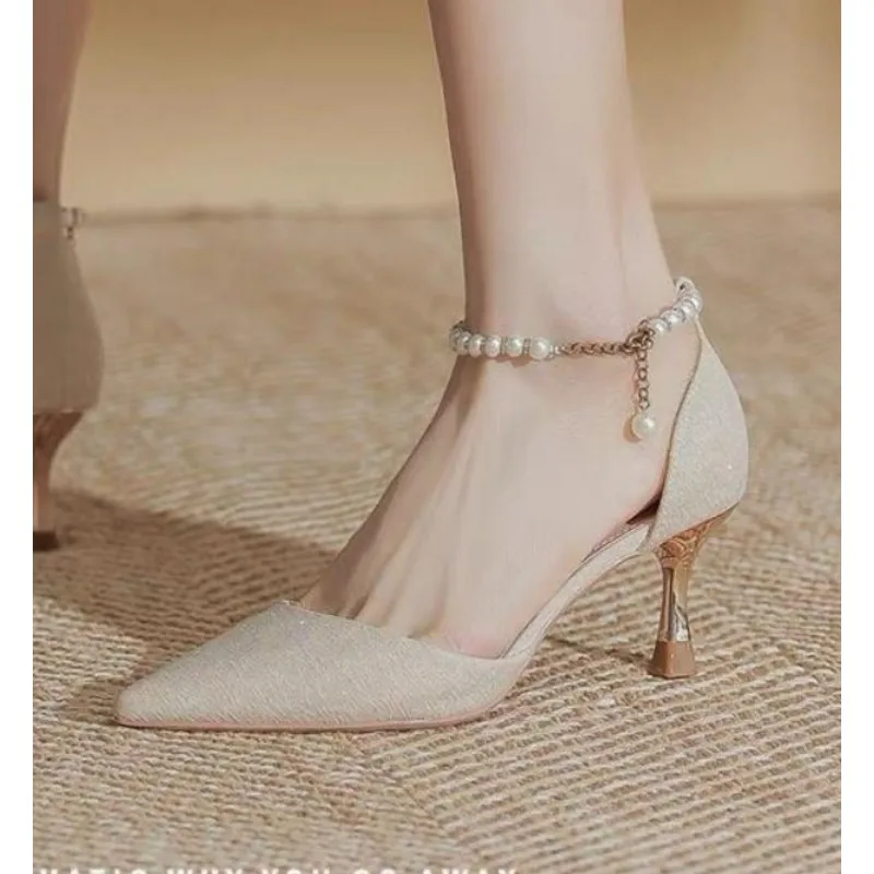 

New High Heels Women's Stiletto Heels PUMPS Fashion Hollow Single Shoes Pearl Shallow Mouth All-match Woman Shoes Baotou Sandals
