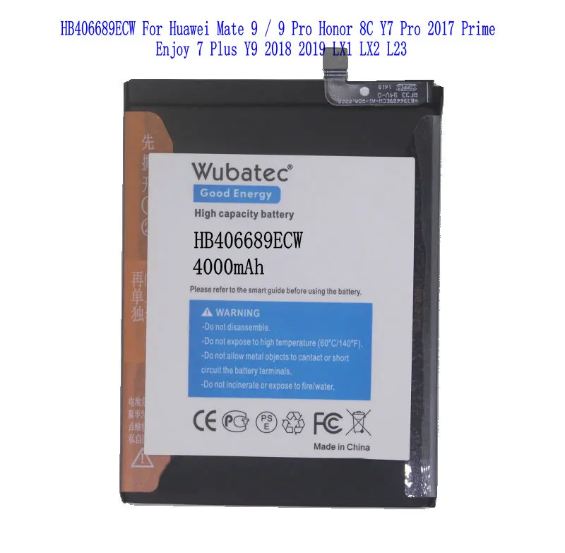 1x 4000mAh HB406689ECW Battery For Huawei Mate 9 / 9 Pro Honor 8C Y7 Pro 2017 Prime Enjoy 7 Plus Y9 2018 2019 LX1 LX2 L23