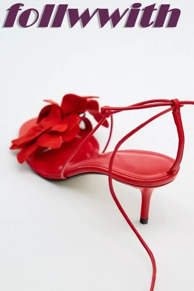 Ladies Solid Red Flowers Lace Up Sandals Unique Sexy Sandals Cross Tied Stiletto Heel Party 2026  New Arrival Summer Woman Shoes
