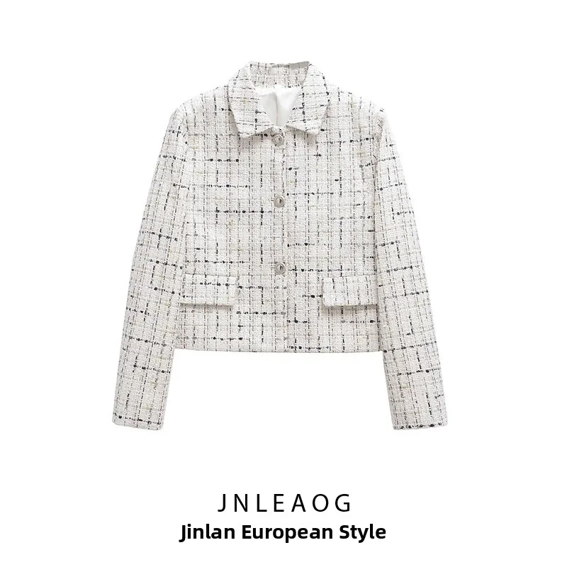 

JNLEAOG Модный женский пиджак в клетку с текстурой, прямого кроя, с длинными рукавами, короткое пальто из полиэфирного волокна