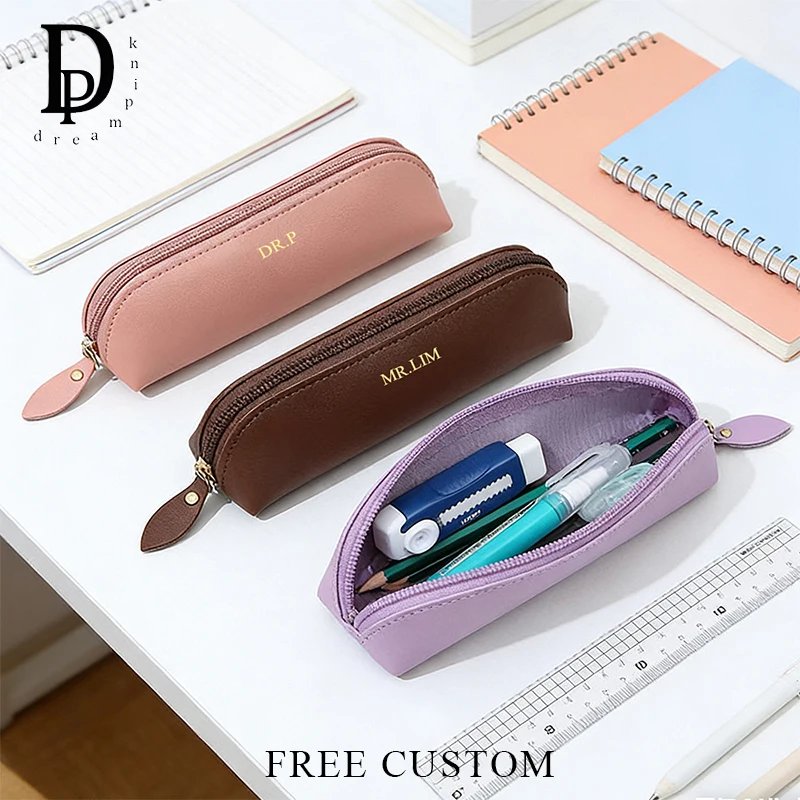 Custom Initials Fashion Pen Pouch PU Leather Luxury Business Office Student Pen Bag Personalized Storage Bag Travel Cosmetic Bag