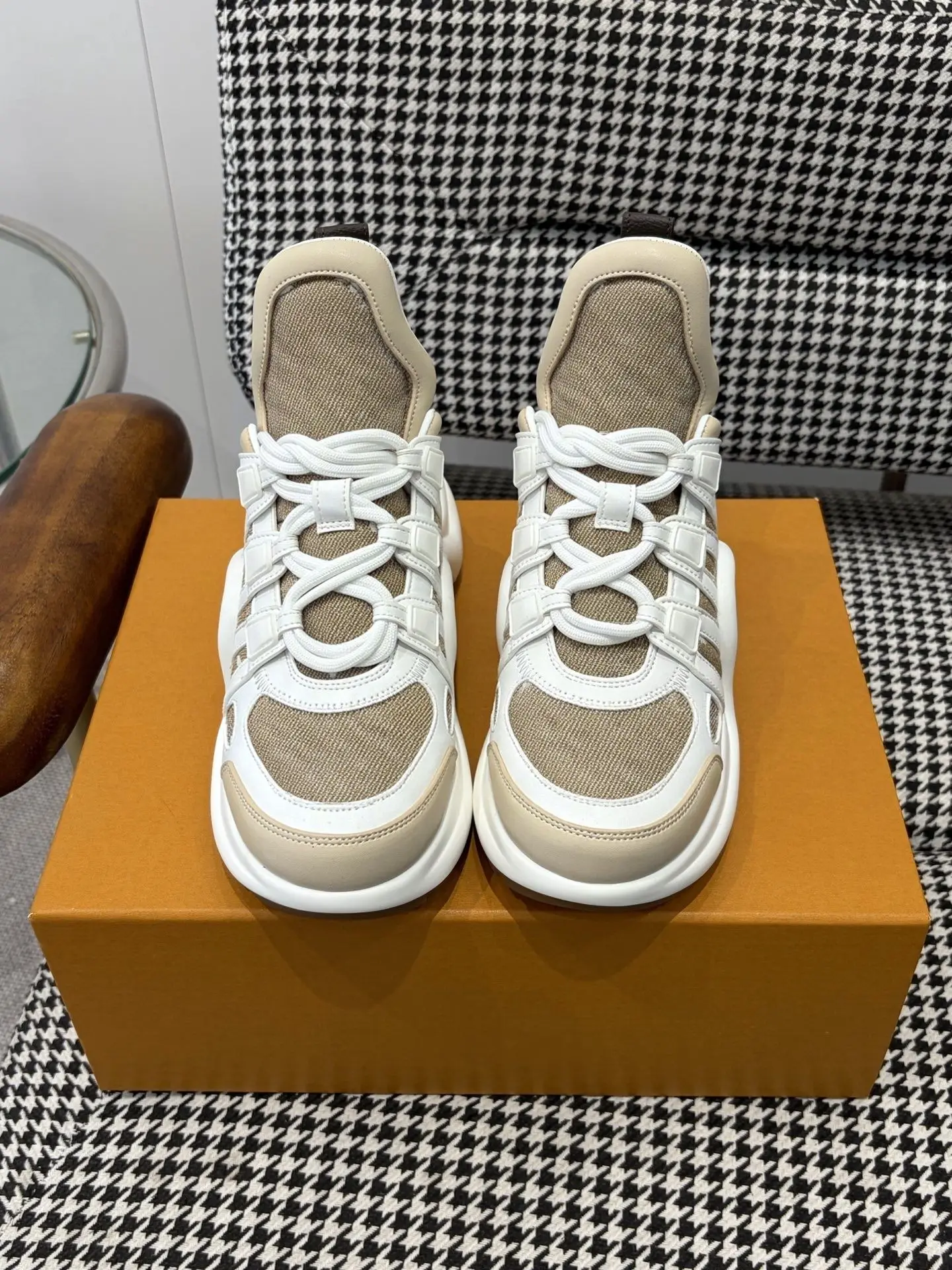 Unisex Beige White Chunky Sneakers Canvas Faux Leather Splicing Lace Up Thick Sole Street Shoes