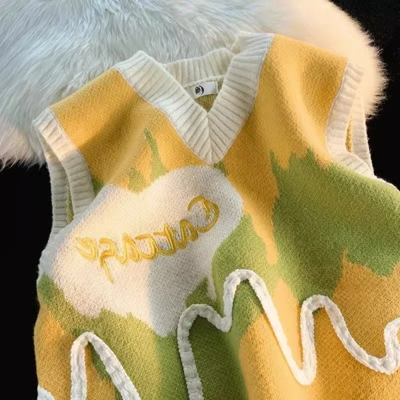 

Свитер-жилет женский американский лоскутный дизайн милый унисекс весенний нерегулярный свободный вязаный BF одежда пара Harajuku эстетика