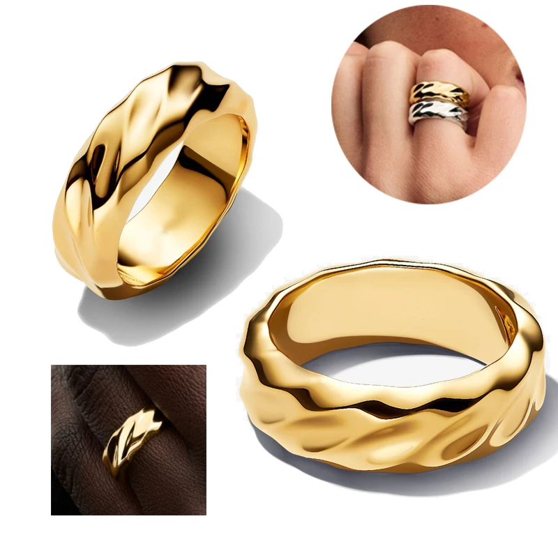 

The latest 925 sterling silver gold textured ripple ring has a trendy and charming design, suitable for girls