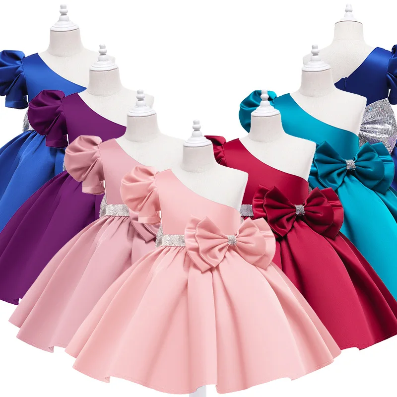 

Girls' Asymmetrical Bow Princess Dress Children Grand Banquet Party Shoulder Ball Gown Short Summer Dress Formal Costume