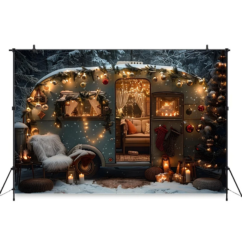 Christmas Touring Car Background For Photography Christmas Tree Golden Light Backdrops Stand Party Outdoor Decoration Photobooth