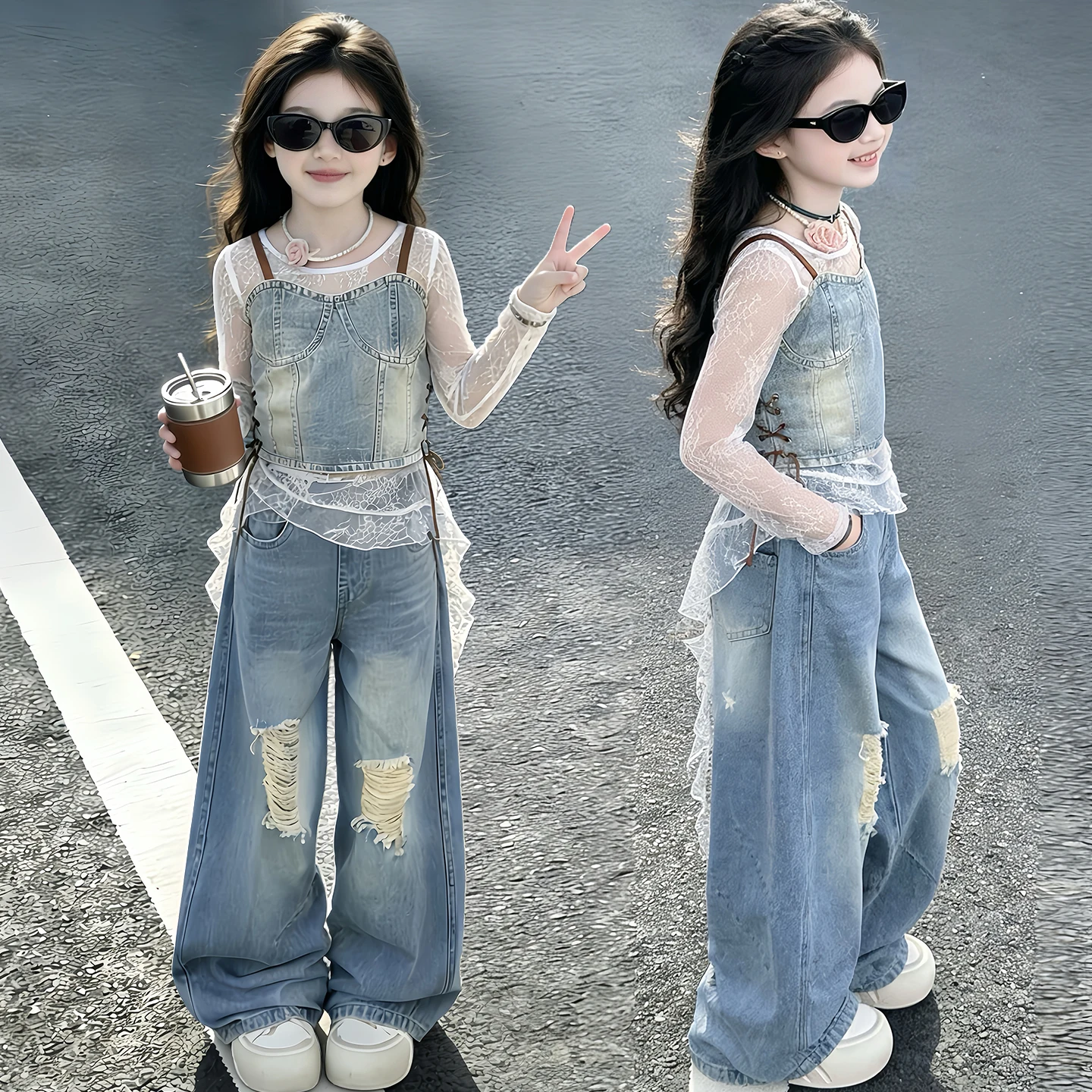 4-14 teenager girls clothes set denim vest+Lace tops+ripped jeans wide leg pants 3pcs junior kids clothing suit child outfits 14