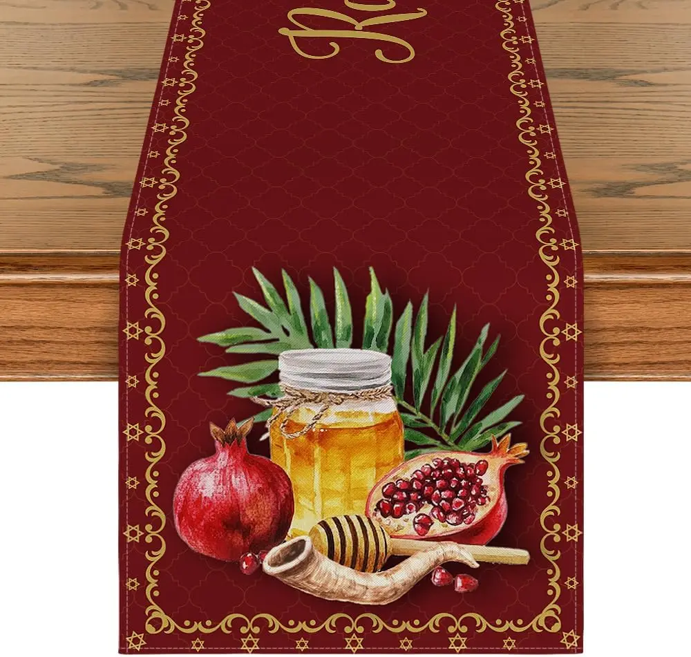 Red Pomegranate Honey Rosh Hashanah Linen Table Runner for Kitchen Table Decor Shana Tova Table Runners Jewish New Year Decor