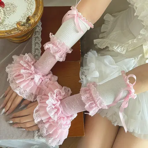 Sweet Japanese Lace Dopamine Spliced Arm Warmers Cute Lolita Subculture Girl Pink Arm Sleeves Cosplay Party Dating Accessories