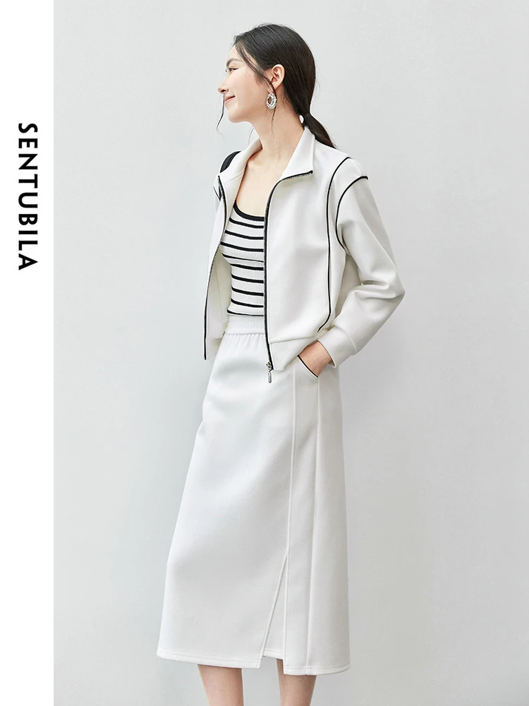 SENTUBILA Women  Knit Skirt Set   2024 Autumn Spliced Stand Neck Coat Straight Elastic Waist Skirt Sporty Set 143Z55719