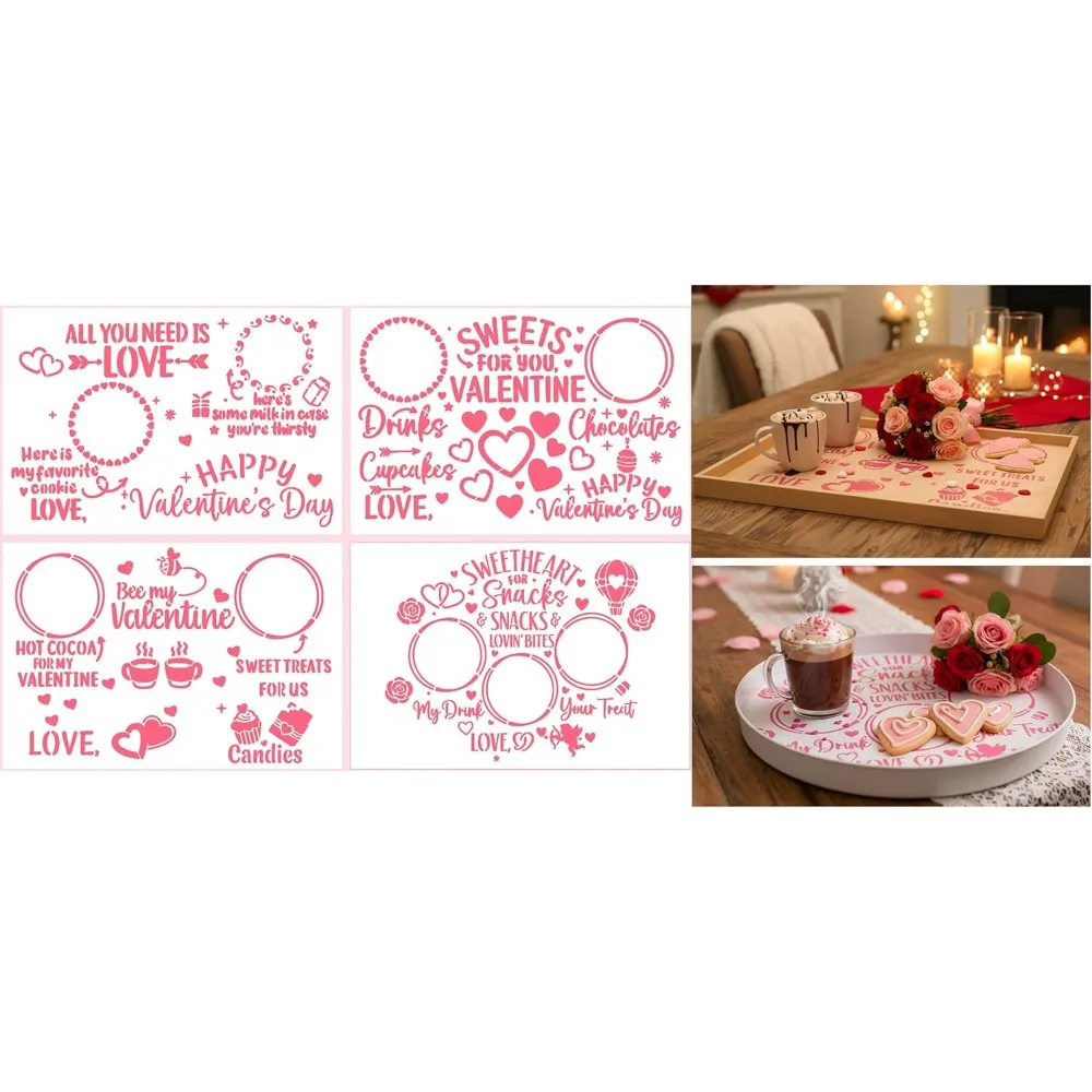 4Pcs Valentine Love Text Heart Spray Stencils, Hollow Template for Cake Cookie Tray Valentine Party DIY Decoration