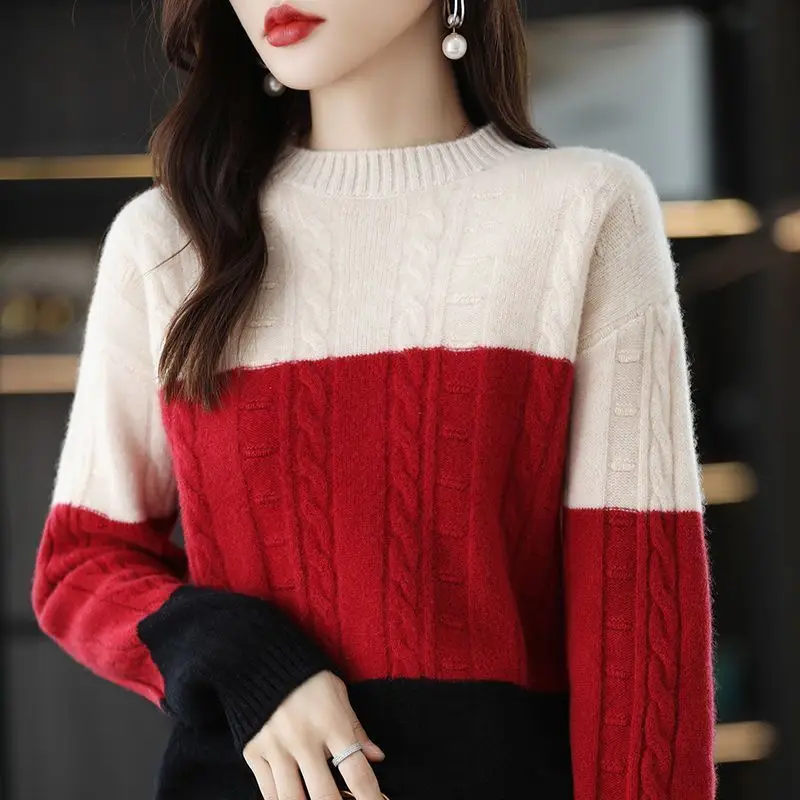 2022 Winter Office Lady Patchwork Knitting Loose O-neck Long Sleeve Pullovers Ladies Fashion Screw Thread Thick Sweater Women\'s