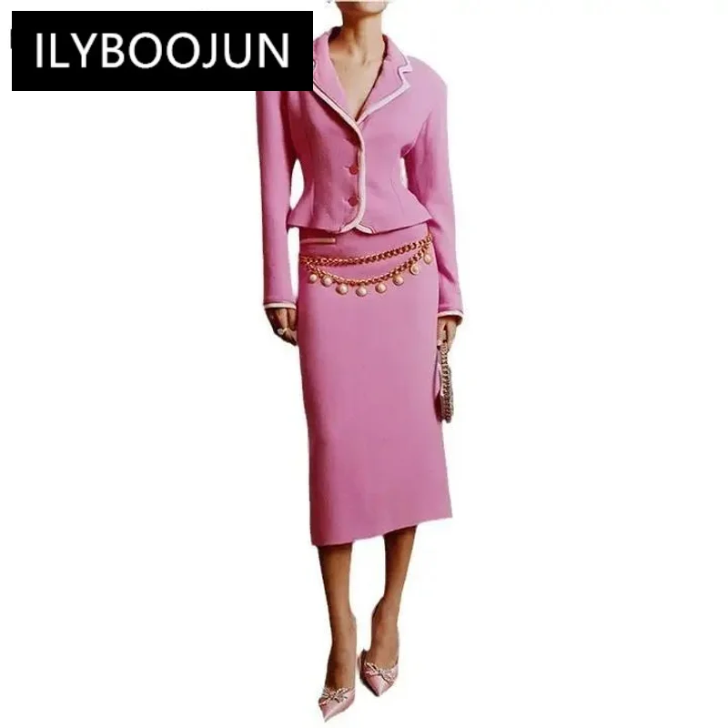 2024 New Arrival Lady Colorblock Suit Long Sleeve Single-breasted Notched Blazer Midi Pencil Skirt