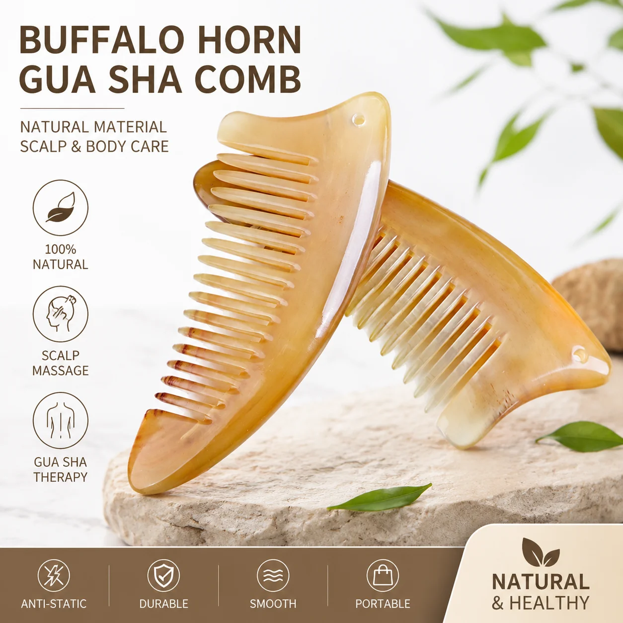 Peigne en corne naturelle véritable pour massage de la tête, grattoir de massage des méridiens, à dents larges et profondes, antistatique, multifonctionnel