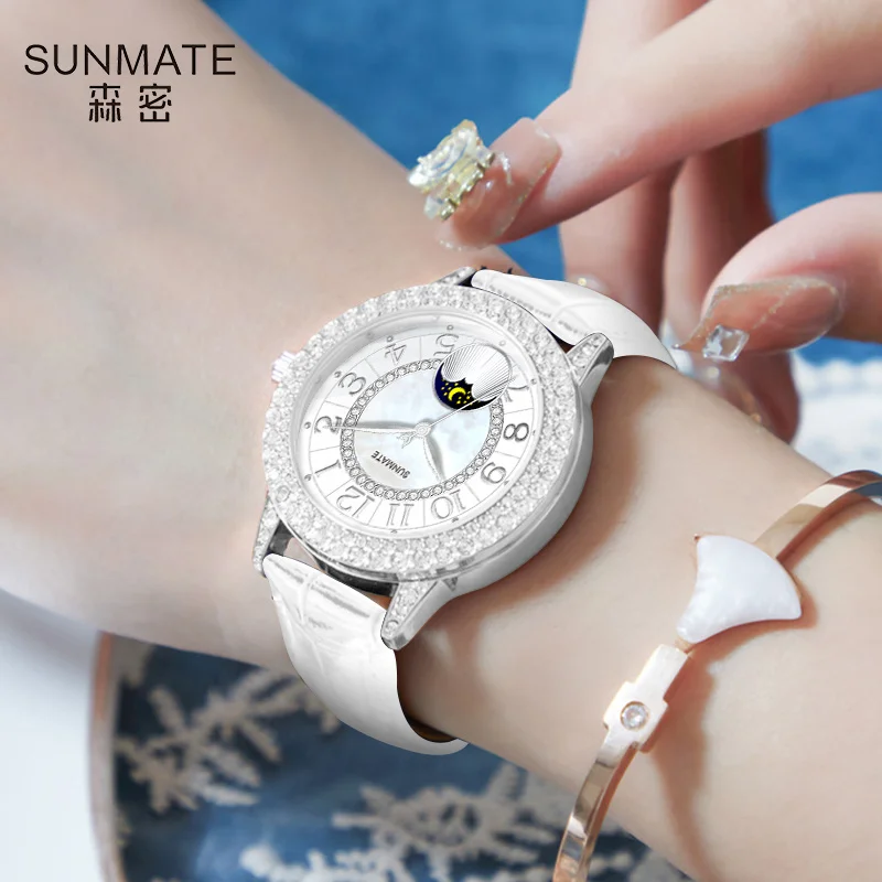 SUNMATE Luxury Women's Slim and Simple Quartz Analog Watch, Featuring A Diamond-encrusted Alloy Case and Genuine Leather Strap