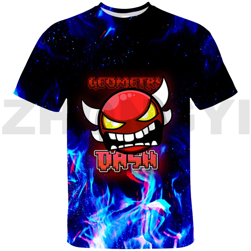 Summer Men Angry Geometry Dash Oversized T Shirt Harajuku Anime Tshirt Kids Boys Sport Short Sleeve Fashion Tees Tops Streetwear