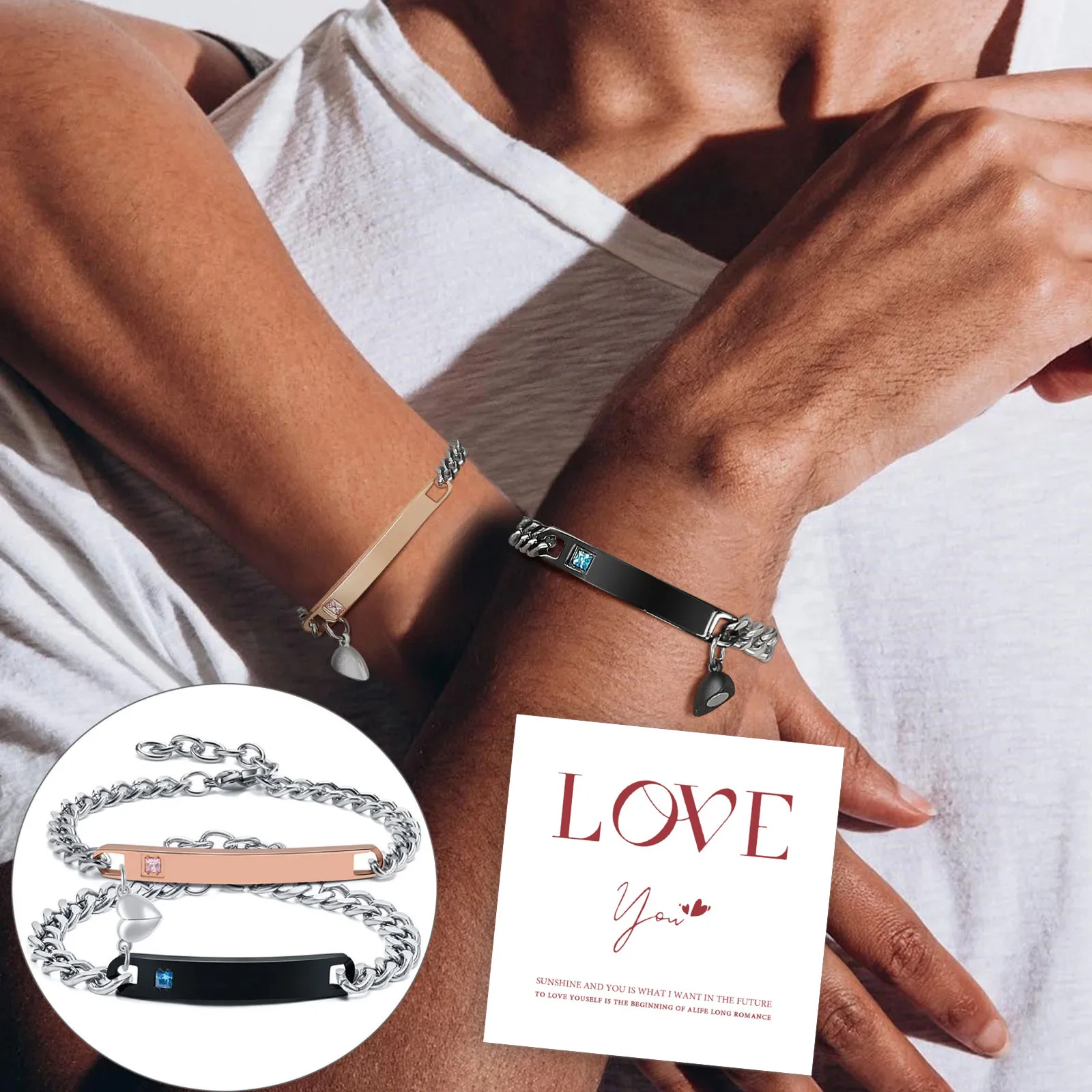 

Personalized Bracelets 2pcs Set, Stainless Steel Free Engraving Bracelet, Lovers Friendship Matching Couple Valentines Day Gift