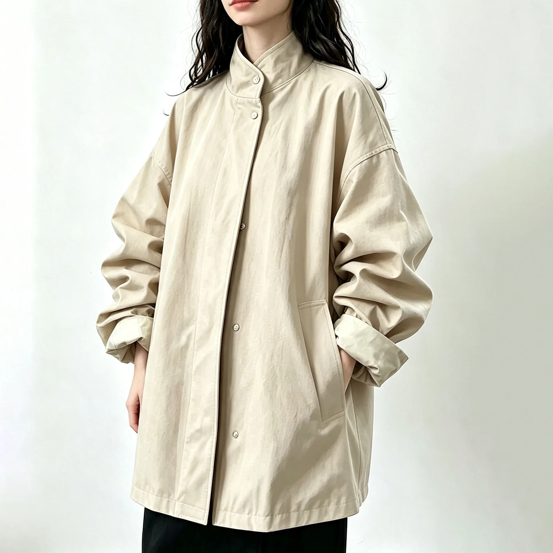 stand collar jacket; oversized mid‑length coat; back split outerwear; button down casual coat; women autumn outer street jacket