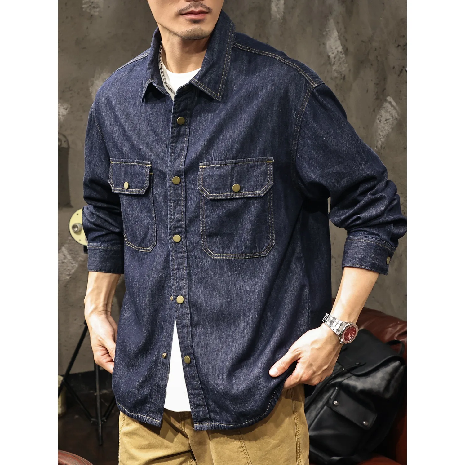 

Retro Japanese Sle Original Color Denim irt Jaet Long Sve Collared Workwear Top Spring Autumn New Sle Button up