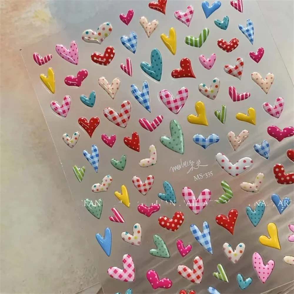 1pcs 5D Jelly Kawaii Checkered Loves Nail Art Charms Stickers Colorful Heart Acrylic Nail Decorations Decals DIY Adhesive Slider