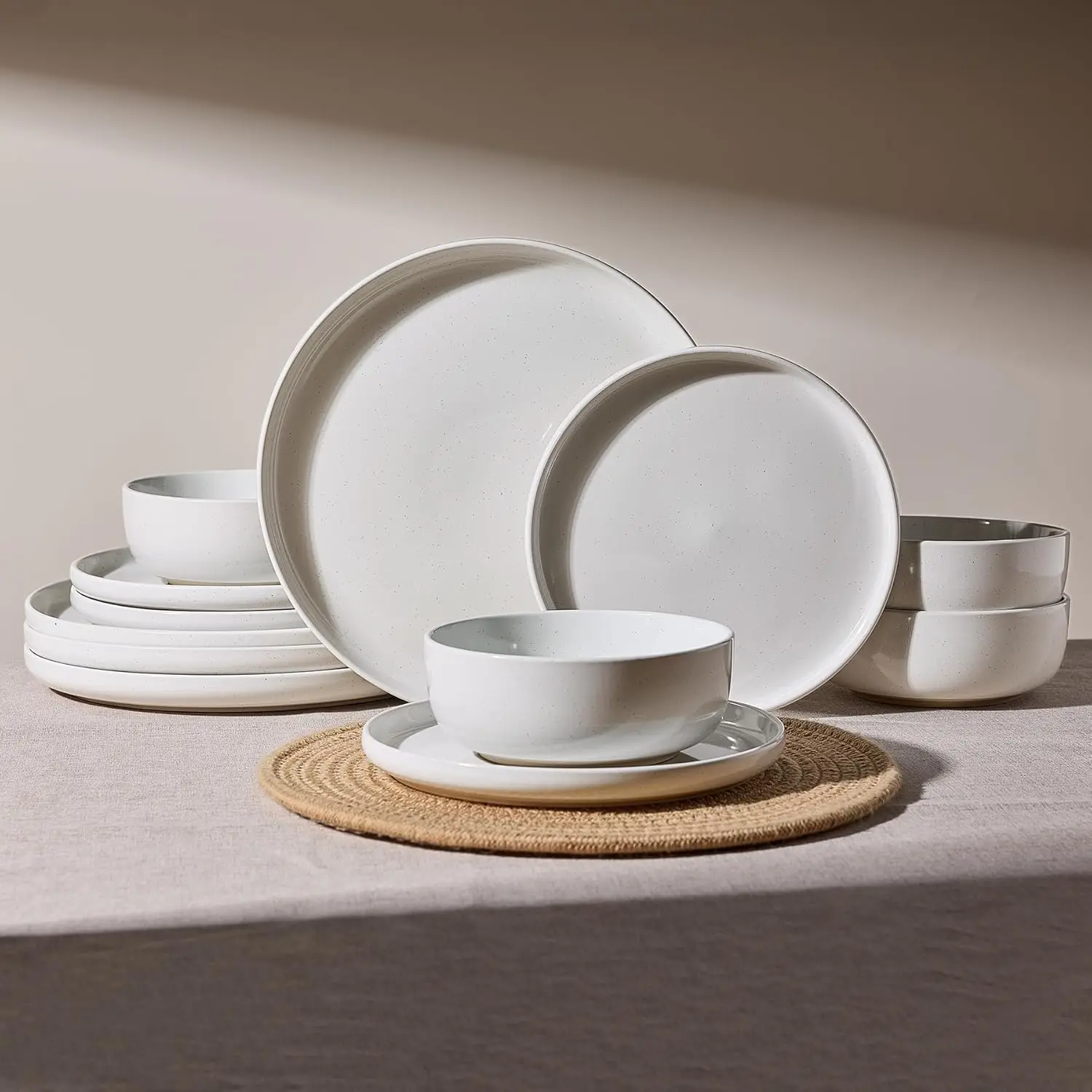 

12-Piece White Dinnerware Set with Speckled Design, Microwave & Dishwasher Safe