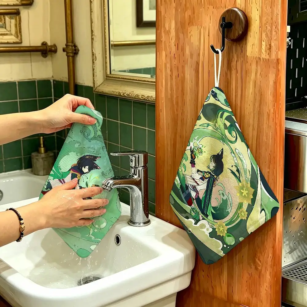 Tighnari Genshin Impact Polyester Cotton Hand Wiping Towel with Hanging Loop, Lightweight for Home and Commercial Use