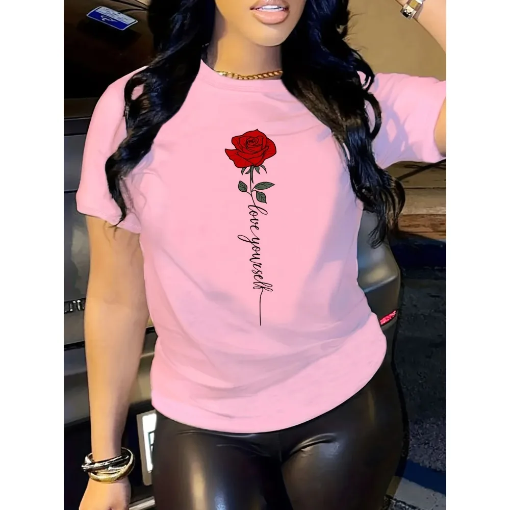 Letter Rose Fashionable Geometric printed Women's T-shirt Crew Neck Short Sleeve elegant casual top  Design in Vibrant Colors