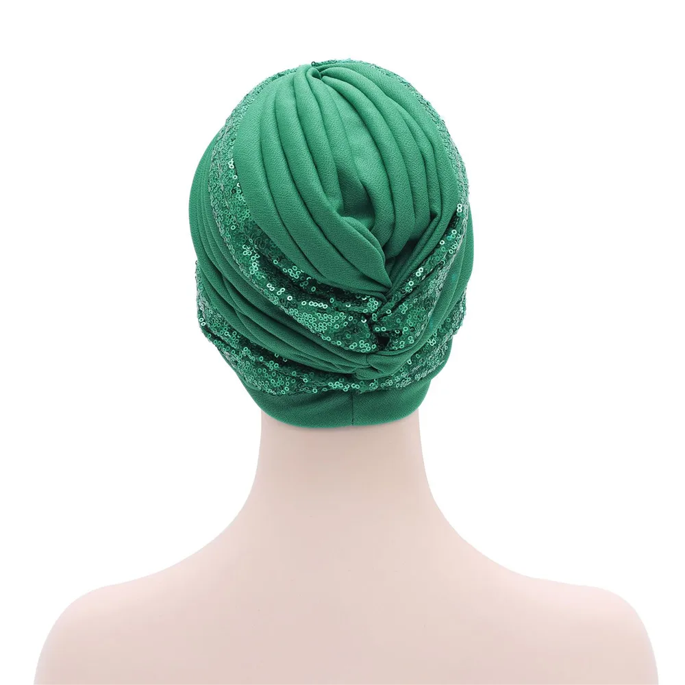 New Muslim Hijabs African Headtie Shimmer Sequin Pleated Hat Nigerian Ladies Head Wrap Chemo Caps Twisted Turban Women Auto Gele