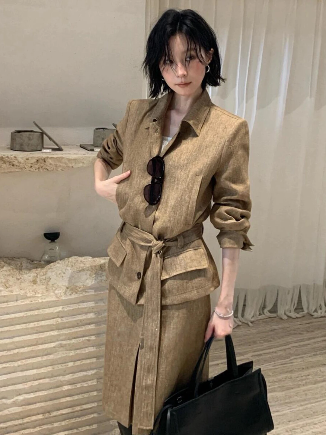  Linen Belted Coat And Skirt Set Women's Autumn 2026 New Style High-End Feel Outerwear And Half Skirt Two-Piece Set