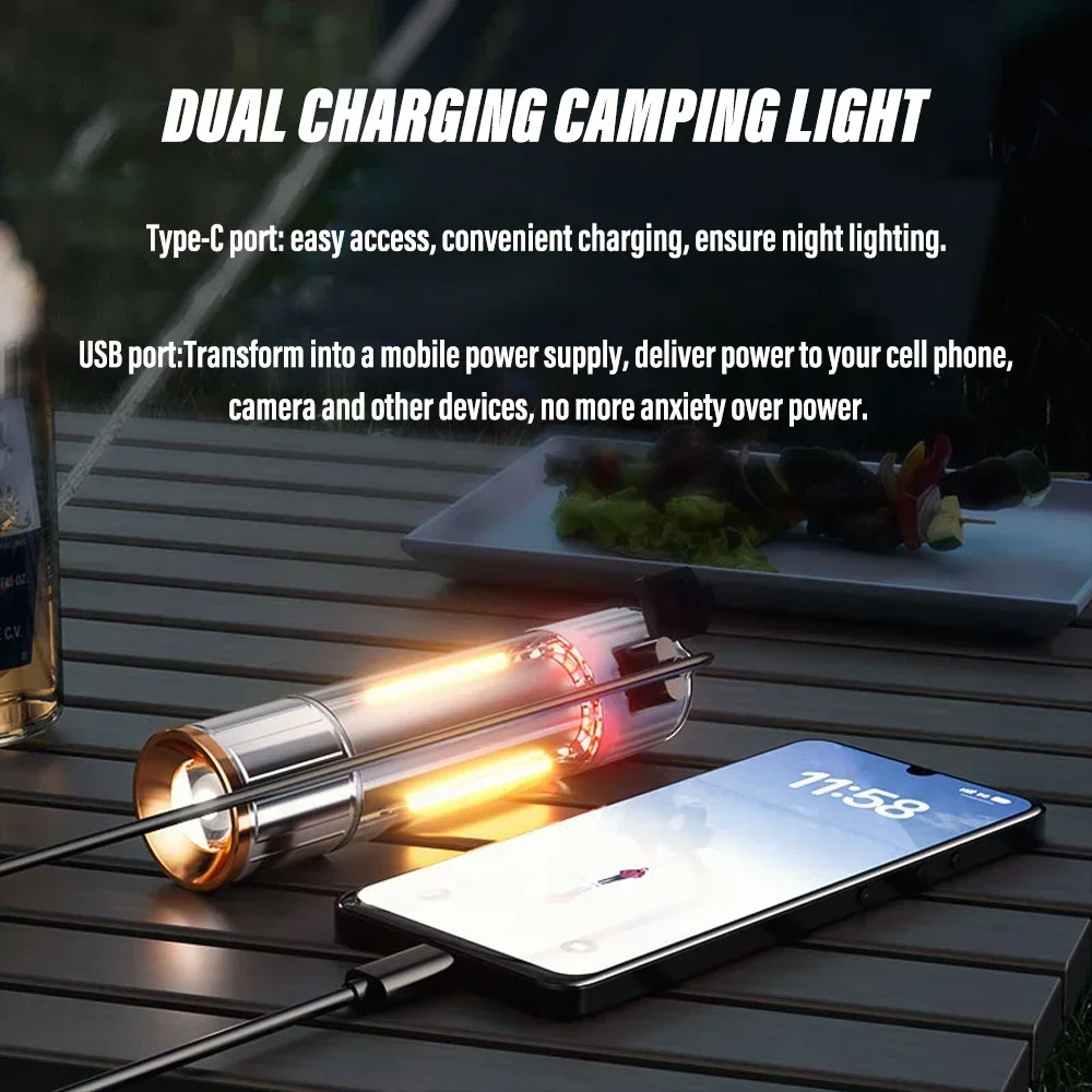 Super Bright LED Flashlight USB Echargeable Torch Portable Searchlight Outdoor Camping Light with Magnet Hook Bright Side Light