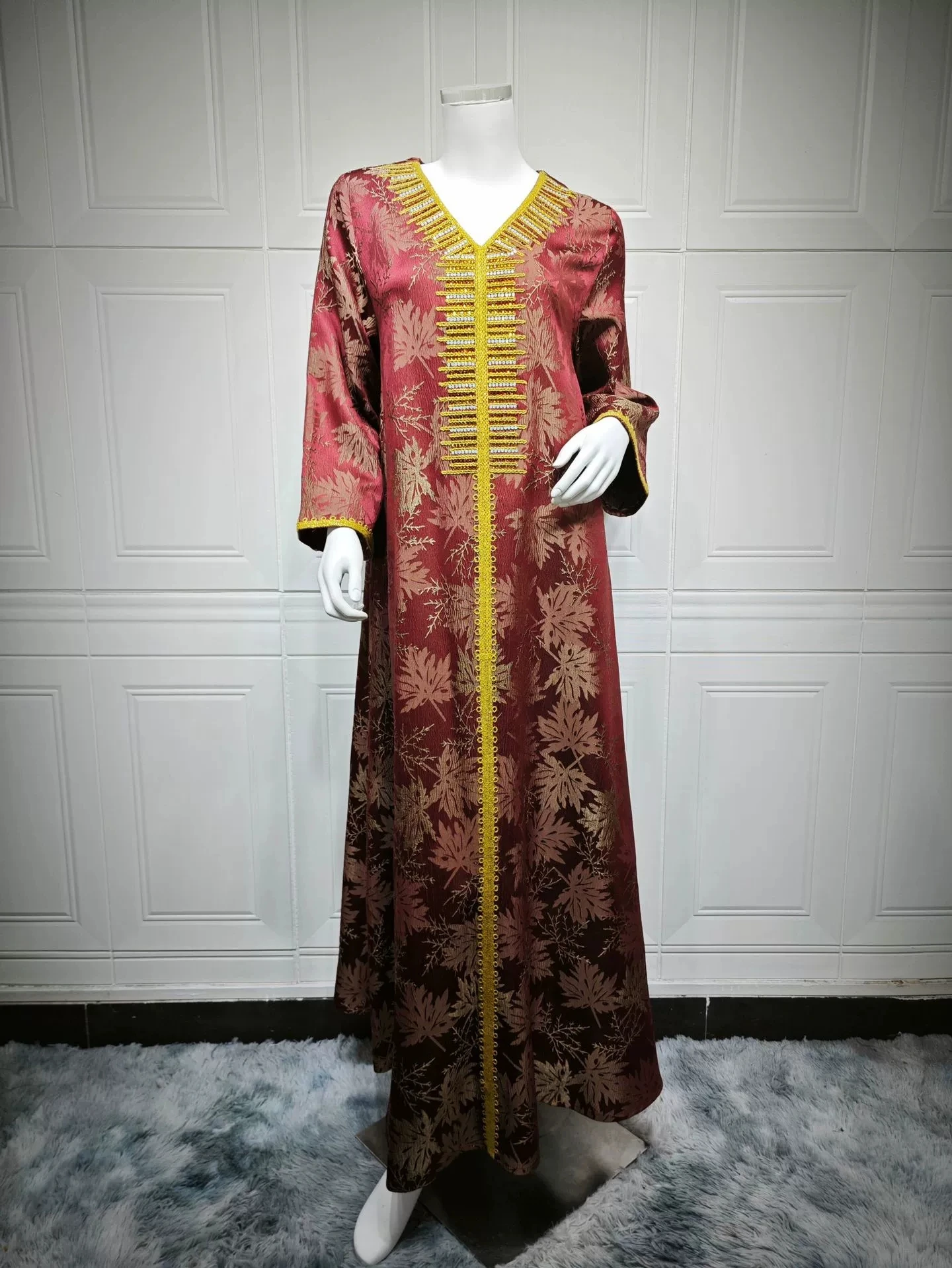 Satin Ramadan Party Dress for Women Mulsim Abaya V Neck Diamond Jalabiya Dress Maxi Robe Moroccan Caftan Party Vestidos