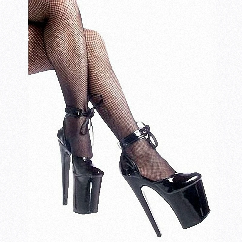 

Trendy Black Painted Platform Sandals with Hollow Design 8 Inch High Heels round Toe Strap Baking Paint 20CM Mature Stripper Pol
