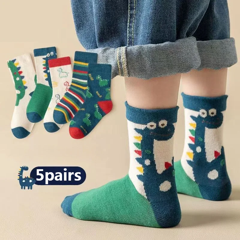 5Pairs Children Dinosaur Socks Baby Autumn and Winter Boys Mid Length Cotton Girls Cartoon Socks Soft and Comfortable Kid Socks