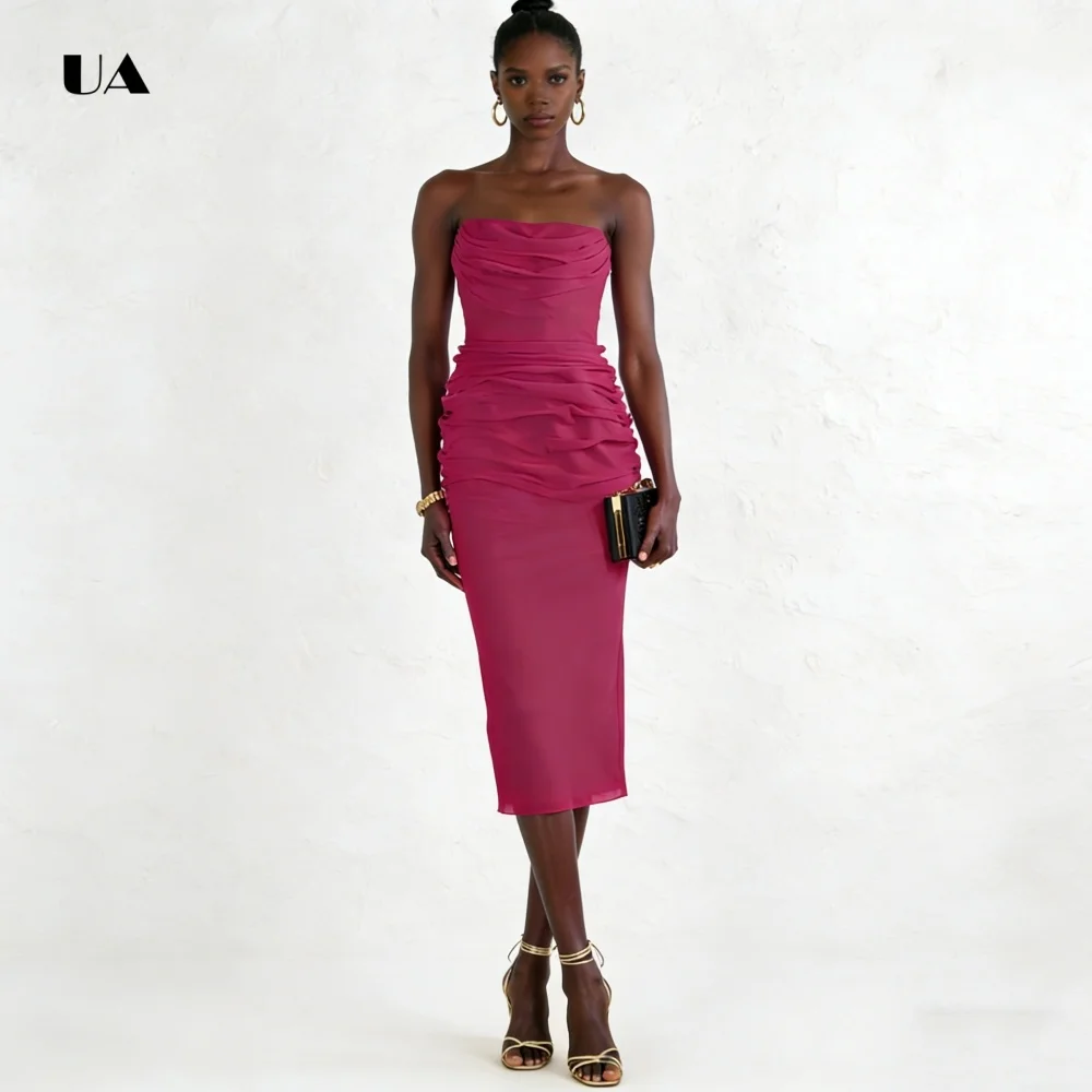 

ULBYANRY Strapless Sheath Prom Dress Solid Sleeveless Evening Dresses for Women Pleated Customized Party Gown with Boning Inside