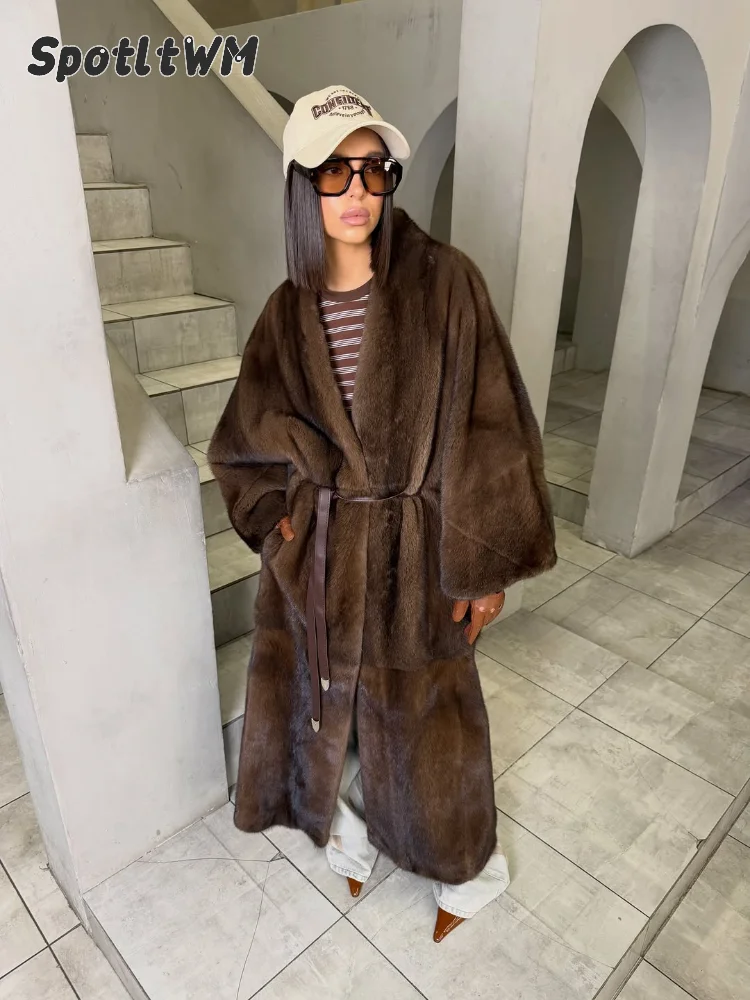 Women Brown Faux Fur Long Coat Belted Open Front Fluffy Warm Plus Size Cardigan 2026 Fall Winter Casual Retro Chic Lady Overcoat - view 5