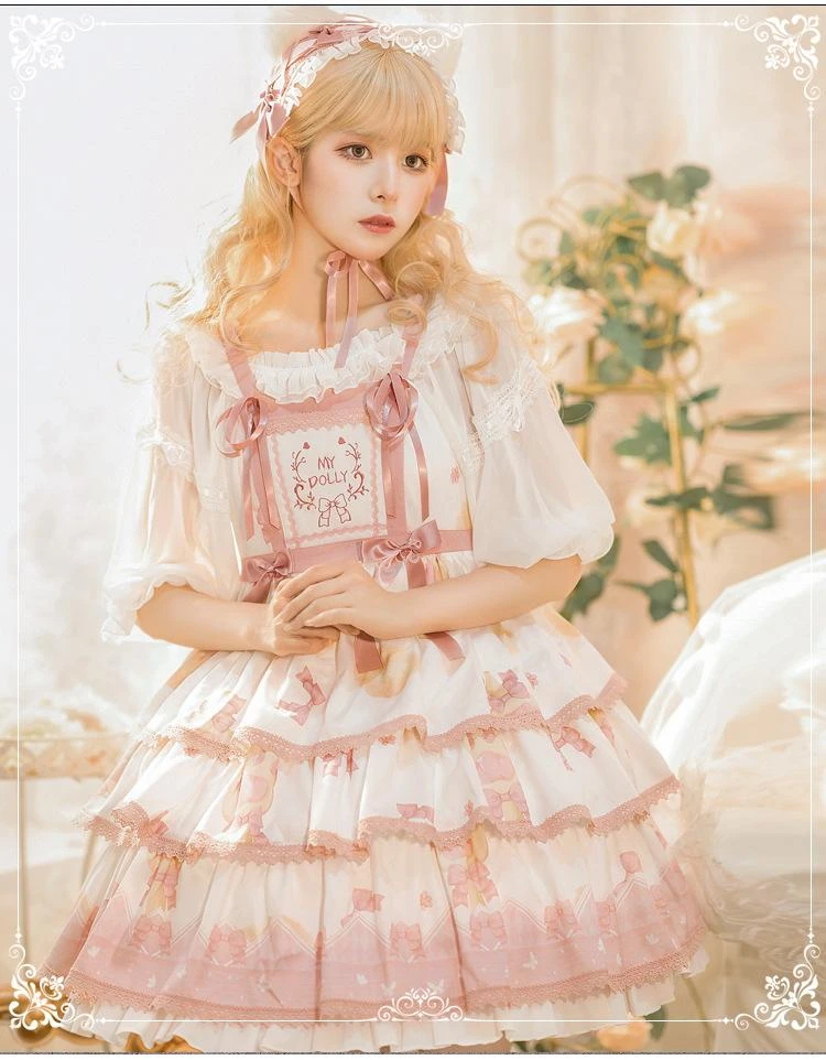 Japanese Style Sweet Cute Girl Lolita JSK Dress Letter Embroidered Bow High Waist A-line Printed Short Cake Dress Women Summer