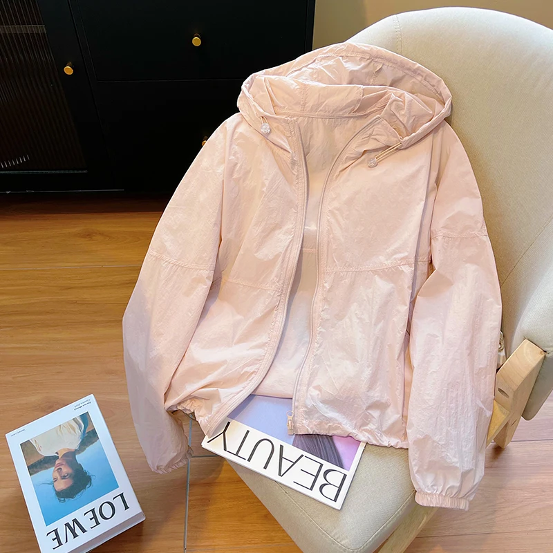

Розовое тонкое повседневное солнцезащитное пальто для женщин, осень 2024, новая свободная дышащая куртка с капюшоном на молнии и шнурке с длинными рукавами