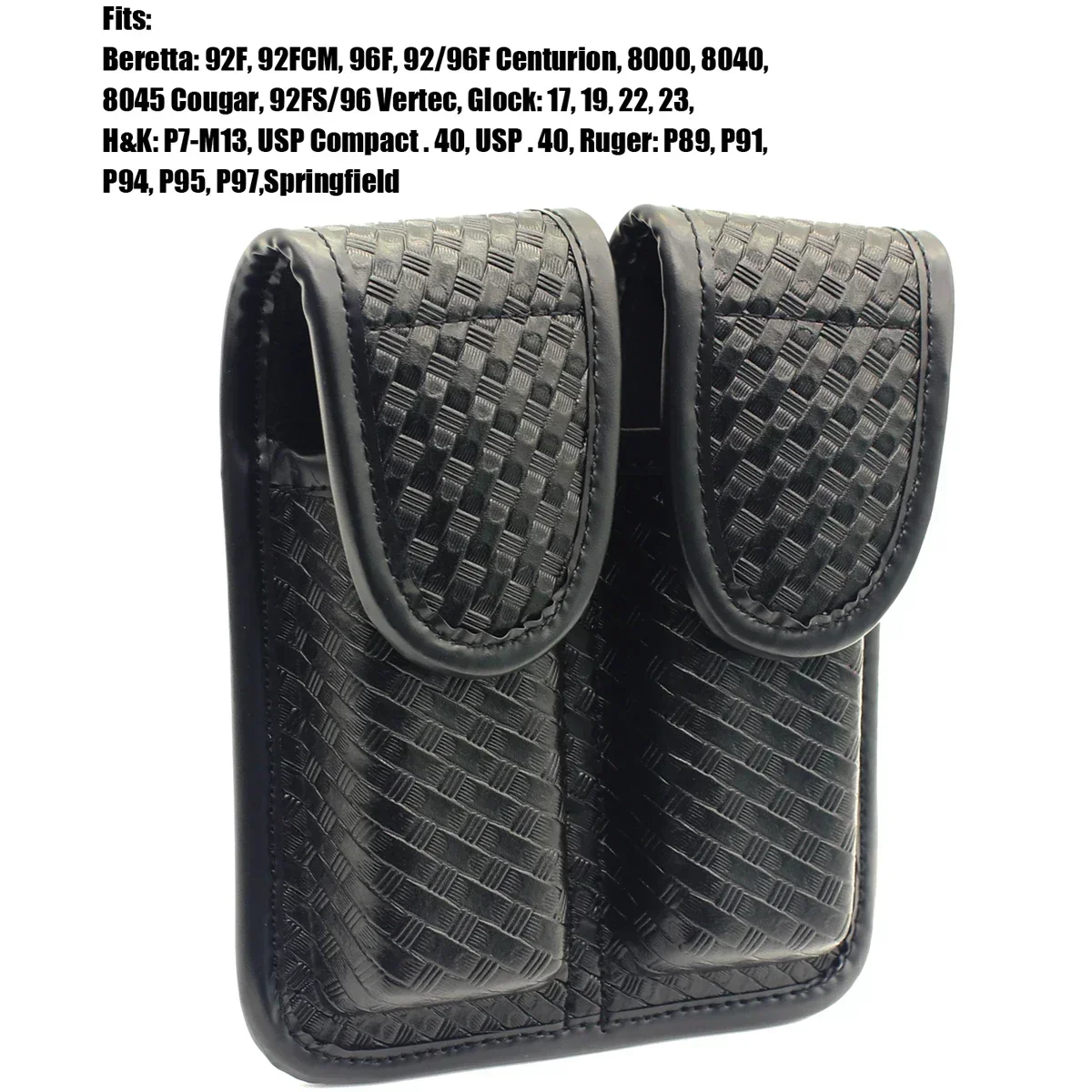 Tactical Black Basketweave Leather Double Magazine Holder Snap Double Handgun Double Mag Pouch