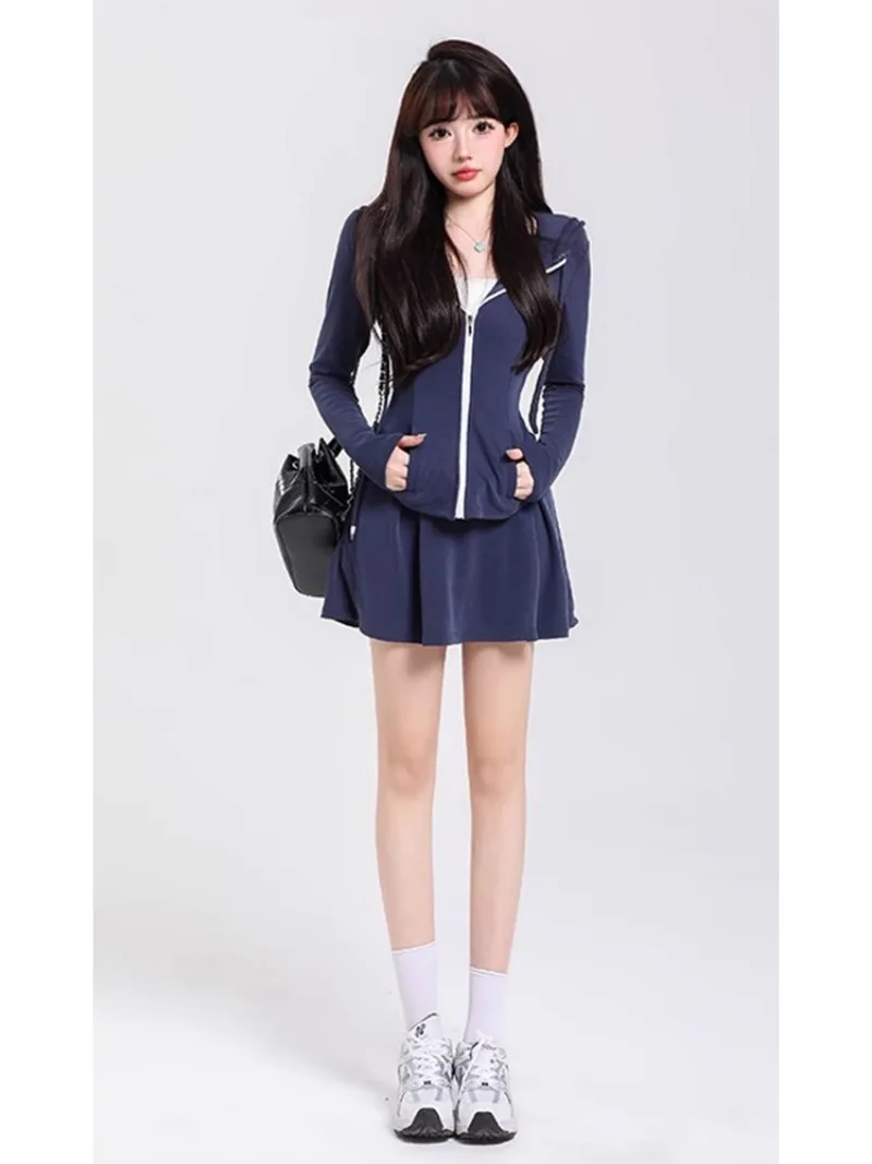 Korean College Hooded Sweatshirt Coat Pleated Skirt Two-piece Set Women Drawstring Elastic Casual Sweet Spicy Girl Sports Wear