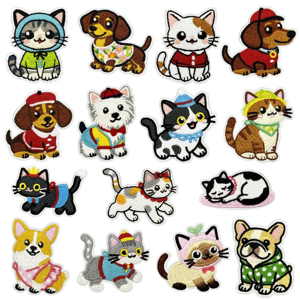 Cute Cotton Cat Dog Animal Embroidery Patch DIY Backpack Hat T-shirt Iron on Patches Sticker Craft Sewing Applique Decor Repair