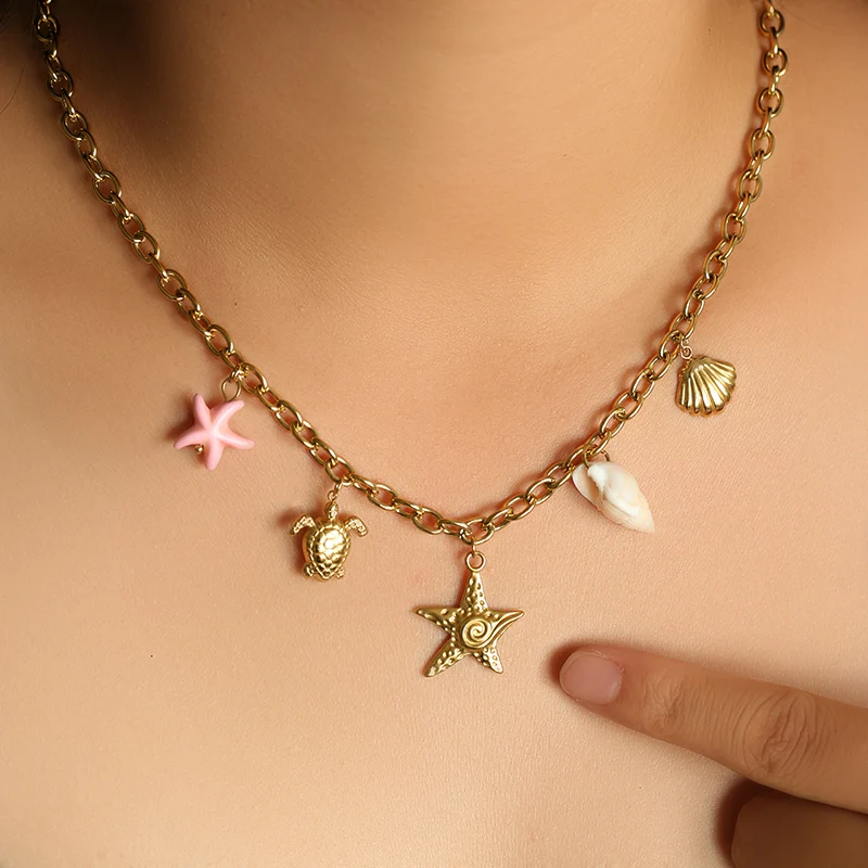 EILIECK 316L Stainless Steel Ocean Style Shell Conch Starfish Drop Necklace For Women New Summer Beach Handmade Jewelry Gift