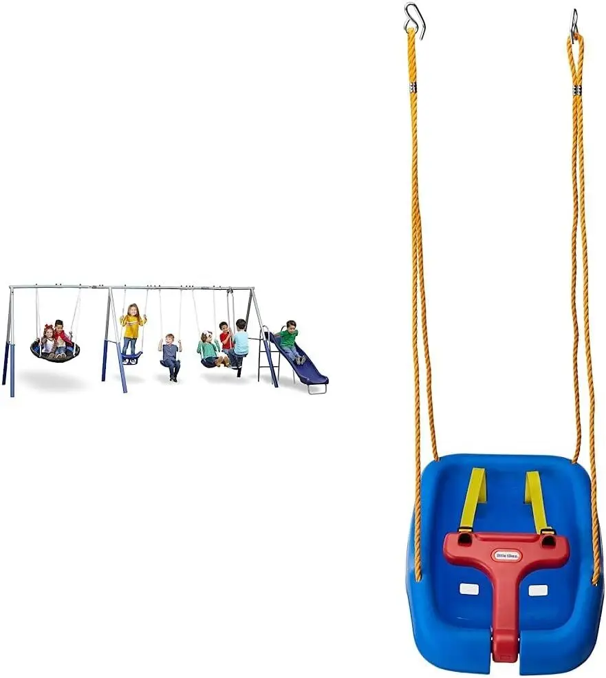 Recreation Fun Forever Swing Set, Gray and Little Tikes Snug 'n Secure Blue Swing with Adjustable Straps, 2-in-1 for Baby