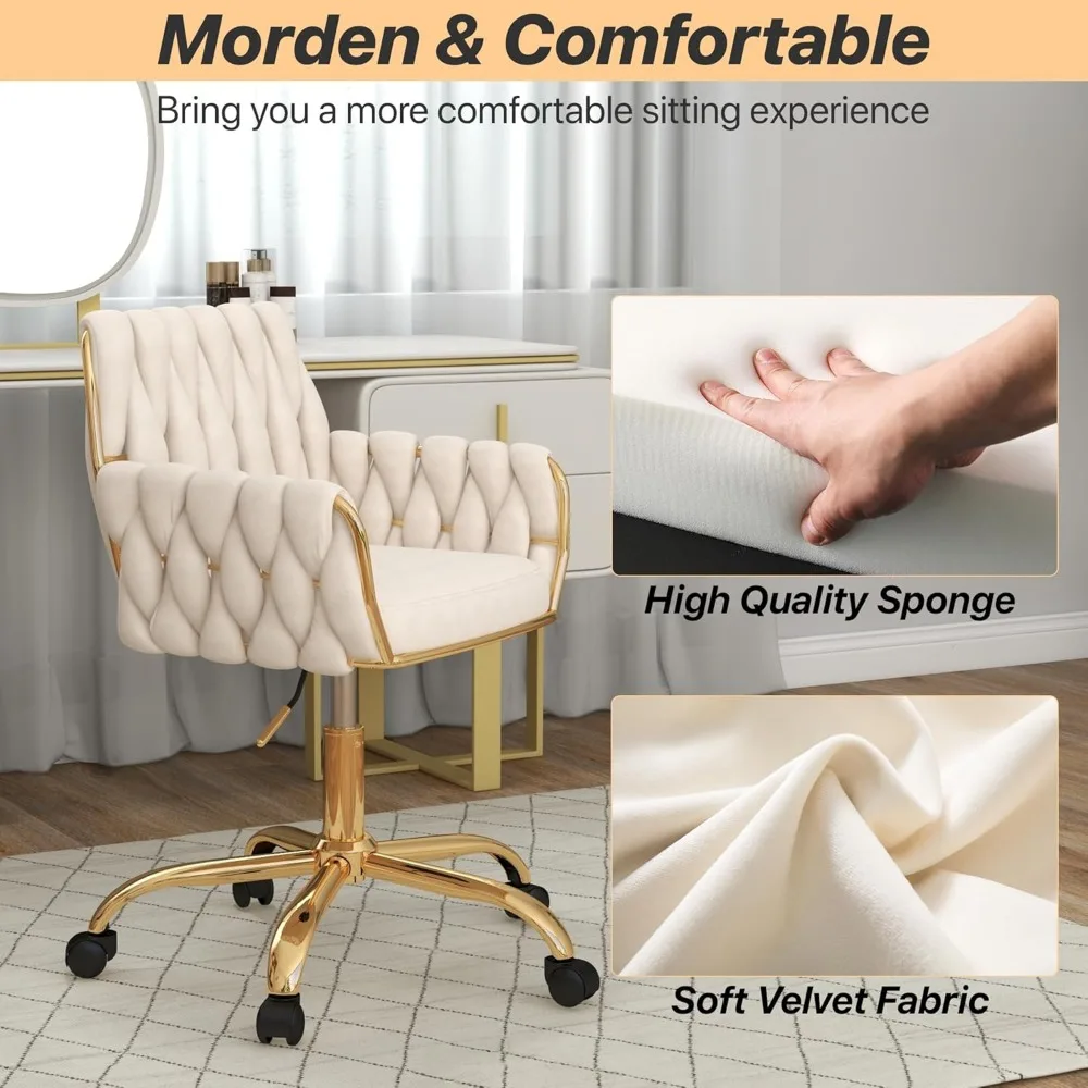 كرسي زينة حديث قابل للتعديل الارتفاع مع قاعدة ذهبية ومسند ظهر منسوج يدويًا لغرفة النوم والدراسة وغرف الغرور #6