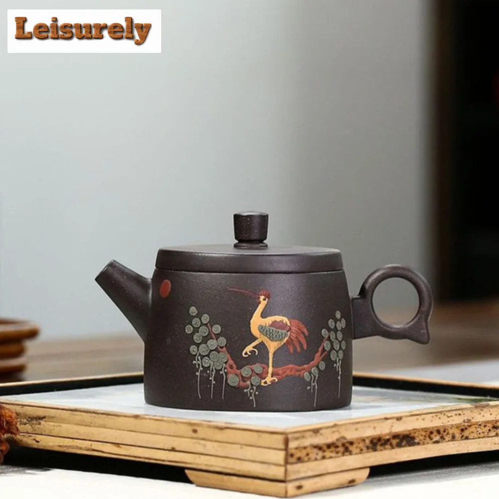 170ML Real Handmade Yixing Black Gold Sand Tea Pot Clay Kettle Crane Pattern Meaning Health Longevity Puer Kung Fu Teaware Gift