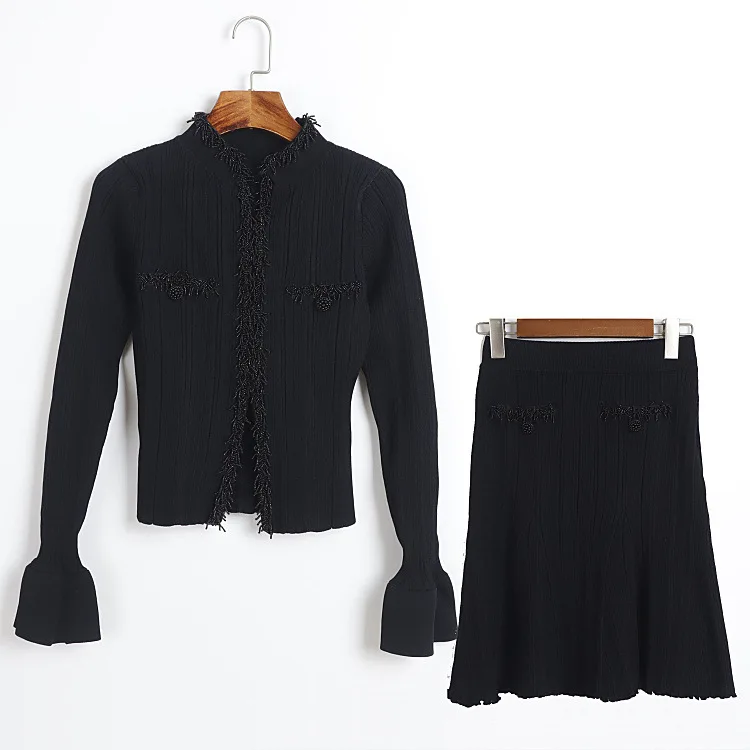 2026 Lady Autumn Elegant Style Beading Solid Suit Stand Collar Flared Long Sleeve Cardigan A-line Mini Skirt Women Knit 2pcs